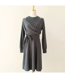 2018SS カシュクールニットワンピース ミディアム Aライン 無地(ワンピース)