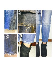 適当リメイクデニム | ①裁断②刃で横に削り青糸除去③完成④⑤着画(難しい)(デニムパンツ)