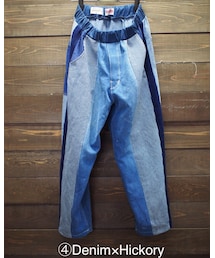 masterkey | 【masterkey×GO!DON】別注CHAOS   ＊Denim x Hickory  ⇨   UsedのDenim Overallと  UsedのHickory Overallを解体＋再構築したItemです。 脇のラインは同系色のコーデュロイを使用しています。  全体的に同系色でインディゴ系の生地を使用しているので、 Work感+Pop感抜群でSo cuteです！！！(デニムパンツ)