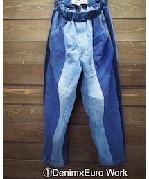 masterkey | 【masterkey×GO!DON】別注CHAOS  ＊Denim x Euro work  ⇨    UsedのOverallとEuroのWorkwearを解体＋再構築したItemです。 脇のライ ンは濃紺色の綿別珍を使用しています。 全体的に同系色のインディゴ系の生地を使用しているので Work感+Remake感抜群です。 (デニムパンツ)