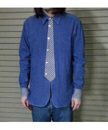 ネクタイ風クラシックデニムシャツ

前立をてをヒッコリーのバイアスに切り替えてタイのデザインにしました！(シャツ/ブラウス)