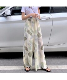 リーフ模様プリントガウチョパンツスリット裾ゆっとり着心地いい爽やかカジュアルパンツ(その他パンツ)