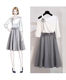 お勧めコーデフランス風気質アップオフショルダーTシャツ+チェック柄配色スカート(スカート)