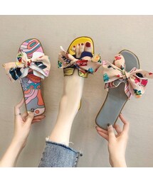 H型リボン飾り花柄プリントフラットぺたんこミュールサマーサンダル(サンダル)