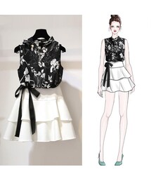 気質アップ縦ネック上品な花柄プリント袖なしトップス+スカートセットアップお進めコーデ(スカート)