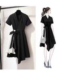 お勧めコーデカシュクールネックリボンベルト付きイレギュラーハイウエストAラインワンピースセットアップ(ワンピース)