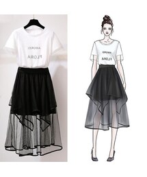 お勧めコーデチュールコンビロゴプリントTシャツ＋着痩せイレヘムチュールスカートセットアップ(スカート)