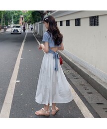 スウィート無地ミニ丈Ｔシャツ+ゆったり無地スカートセットアップ(スカート)