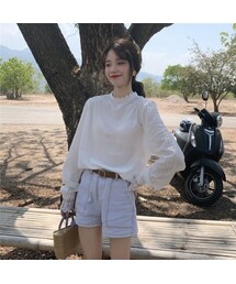 新作ファッションレース飾り縦ネック長袖無地シンプルカジュアルスウィートブラウス(シャツ/ブラウス)