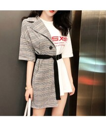 おしゃれ切り替えチェック柄フェイクレイヤードショートカジュアルワンピース(ワンピース)