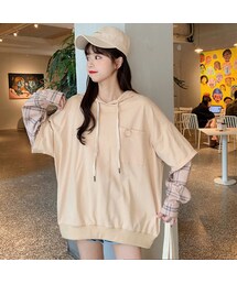 ゆったり仮二点チェック柄切り替えプルオーバーパーカー(パーカー)