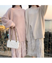 二点セットスウィート長袖フワフワセーター+ロング丈プリーツハイウエストセットアップ(その他)