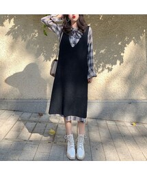 無地Vネックロングニットベストワンピースセットアップ(ワンピース)