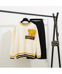 お勧めコーデカジュアルクマ柄長袖セーター+スリム無地ハイウエストニットスカートセットアップ(その他)