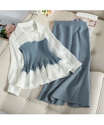 二点セット気質満点チャーミング韓国系配色切り替えカジュアルシャツ+スリム無地スリットニットスカートセットアップ(その他)