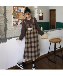 clorislee 二点セットカジュアルPOLOネックニットトップス＋チェックサロペットロングワンピース(その他)