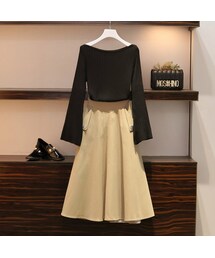 お勧めコーデ優雅無地ボートネック長袖トップス+ハイウエストスカートセットアップ(その他)