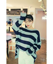 HOTPING | 太いボーダー柄ラウンドネックニット (ニット/セーター)