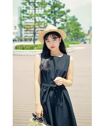 HOTPING | ラウンドヘムスリーブレスワンピース★ウエスト紐付き(ワンピース)
