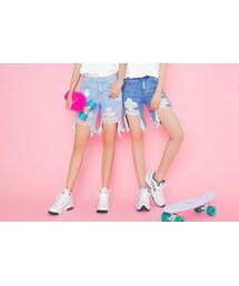 HOTPING | フリンジヘムアンバランスカットダメージデニムパンツ★LIGHT DENIM (デニムパンツ)