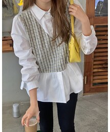 HOTPING | ツイードベストレイヤード風パフスリーブシャツ
(シャツ/ブラウス)