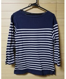 GU | ボーダーボートネックTシャツ　ネイビー(Tシャツ/カットソー)