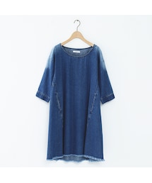 圓領牛仔刷色下擺抽鬚洋裝(Tシャツ/カットソー)