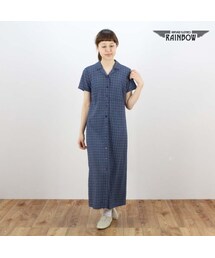 VINTAGE | 古着 青 チェック柄 前開き 半袖 ロング丈 ワンピース レディース ヴィンテージ (古着屋RAINBOW) (otu1505524)(ワンピース)