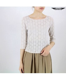 VINTAGE | 古着 ベージュ 総レース Tシャツ 五分袖 半袖 トップス レディース ヴィンテージ (古着屋RAINBOW) (ttu1606002)(Tシャツ/カットソー)