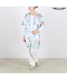 VINTAGE | 古着 青 花柄 パステル サテン 半袖 ロング丈 ガウン コート アウター レディース ヴィンテージ (ttu1603378)(その他アウター)