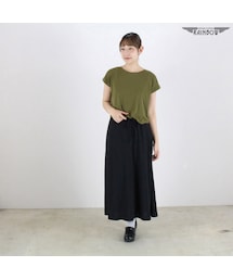 VINTAGE | 古着 緑 カーキ 黒 無地 切り替え 半袖 ロング丈 ワンピース レディース ヴィンテージ (古着屋RAINBOW) (otu1602528)(ワンピース)