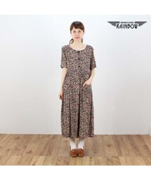 VINTAGE | 古着 黒 花柄 半袖 ロング丈 ワンピース レディース ヴィンテージ (古着屋RAINBOW) (otu1507302)(ワンピース)