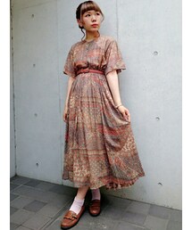 VINTAGE | 古着 グレー エスニック柄 半袖 ロング丈 ワンピース レディース ヴィンテージ (古着屋RAINBOW) (otu1604223)(ワンピース)