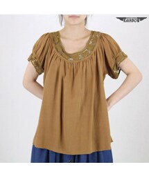 VINTAGE | 古着 茶 無地 レース ロング丈 半袖 ブラウス レディース ヴィンテージ (古着屋RAINBOW) (ttu1606266)(シャツ/ブラウス)