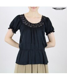 VINTAGE | 古着 黒 無地 光沢 レース パフスリーブ プルオーバー 半袖 ブラウス レディース ヴィンテージ (古着屋RAINBOW) (ttu1606117)(シャツ/ブラウス)