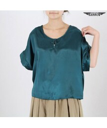 VINTAGE | 古着 緑 モスグリーン 無地 サテン 半袖 ブラウス レディース ヴィンテージ (古着屋RAINBOW) (ttu1606324)(シャツ/ブラウス)