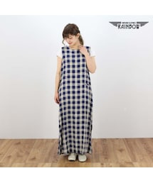 VINTAGE | 古着 紺 ネイビー チェック柄 ノースリーブ ロング丈 ワンピース レディース ヴィンテージ (古着屋RAINBOW) (otu1507102)(ワンピース)