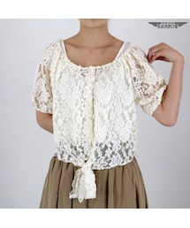 VINTAGE | 古着 生成り ベージュ 総レース 透け感 半袖 ブラウス レディース ヴィンテージ (古着屋RAINBOW) (ttu1606390)(シャツ/ブラウス)