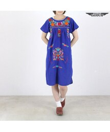 VINTAGE | 古着 青 刺繍 カラフル 半袖 膝丈 ワンピース レディース ヴィンテージ (古着屋RAINBOW) (otu1607150)(ワンピース)