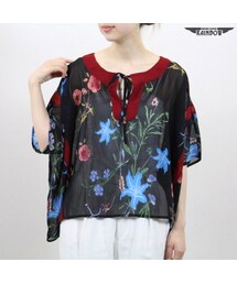 VINTAGE | 古着 黒 花柄 シフォン プルオーバー 五分袖 半袖 ブラウス レディース ヴィンテージ (古着屋RAINBOW) (ttu1607329)(シャツ/ブラウス)