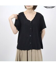 VINTAGE | 古着 黒 無地 スカラップ 半袖 ブラウス トップス レディース ヴィンテージ (古着屋RAINBOW) (ttu1607268)(シャツ/ブラウス)