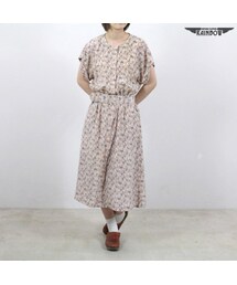 VINTAGE | 古着 ピンク 花柄 サテン 前開き ベルト付き 半袖 ロング丈 ワンピース レディース ヴィンテージ (古着屋RAINBOW) (otu1607455)(ワンピース)