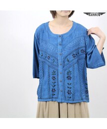 VINTAGE | 古着 青 刺繍 エスニック ハーフスリーブ ブラウス レディース ヴィンテージ (古着屋RAINBOW) (ttu1607283)(シャツ/ブラウス)