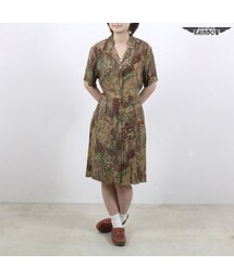 VINTAGE | 古着 茶 プリント 前開き 半袖 膝丈 ワンピース レディース ヴィンテージ (古着屋RAINBOW) (otu1608379)(ワンピース)