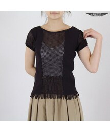 VINTAGE | 古着 茶 無地 メッシュ フリンジ Tシャツ 半袖 トップス レディース ヴィンテージ (古着屋RAINBOW) (ttu1606299)(Tシャツ/カットソー)