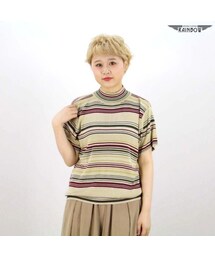 VINTAGE | 古着 ベージュ ボーダー柄 ハイネック シルク セーター 半袖 ニット レディース ヴィンテージ (古着屋RAINBOW) (ttu1512450)(ニット/セーター)