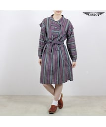 VINTAGE | 古着 紫 ストライプ柄 ベルト付き 長袖 ロング丈 ワンピース レディース ヴィンテージ (古着屋RAINBOW) (otu1608443)(ワンピース)