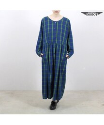 VINTAGE | 古着 紺 ネイビー チェック柄 前開き 長袖 ロング丈 ワンピース レディース ヴィンテージ (古着屋RAINBOW) (otu1609018)(ワンピース)