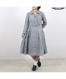 VINTAGE | 古着 グレー 無地 リネン カシュクール 長袖 膝丈 ワンピース レディース ヴィンテージ (古着屋RAINBOW) (otu1608432)(ワンピース)