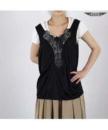 VINTAGE | 古着 黒 無地 レース サテン ノースリーブ トップス レディース ヴィンテージ (古着屋RAINBOW) (ttu1606462)(キャミソール)